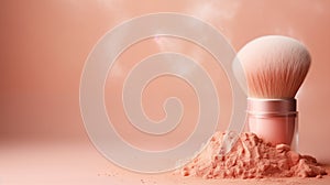 cosmetic brush and powder on a plain peach fuzz color background