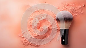 cosmetic brush and powder on a plain peach fuzz color background