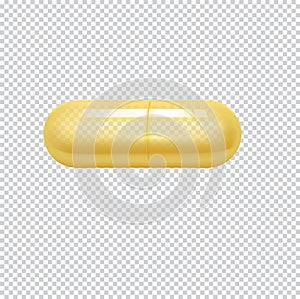 Cosmetic capsule of vitamin E, A or omega 3 oil. Golden antibiotic gel pill icon template.