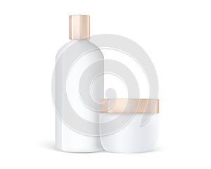 Cosmetic care cream jar and shampoo plastic bottle mockup with gold caps. 3d detailed cosmetic mockups.