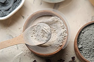 Cosmetic clay. clay facial mask on a light background. different types of clay. natural cosmetics for cosmetic procedures. Beauty