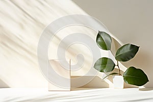 Cosmetic container box on neutral background with green leaves and shadows. Blank package, natural skincare products concept. AI