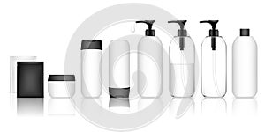 Cosmetic container set for liquid, cream, gel, lotion. Collection of Shampoo Bottles. Beauty product package.