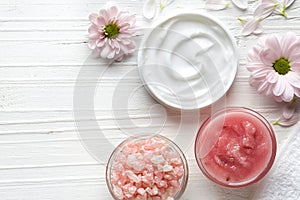 Cosmetic cream, body scrub and bath salt