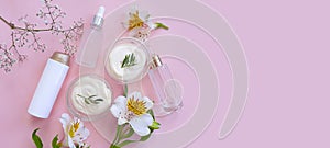 Cosmetic cream, flower clean lifestyle banner orchid floral pastel cosmetology design background moisturizing