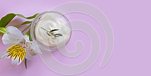 Cosmetic cream, flower clean trend lifestyle banner orchid floral pastel cosmetology design background moisturizing