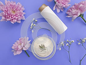 Cosmetic cream, flower on a colored background