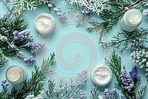 cosmetic cream with flowers on a blue background. top view