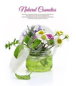 Cosmetic cream jar with herbs