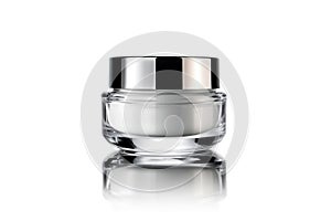 a Cosmetic cream jar on white background with reflection and shadow