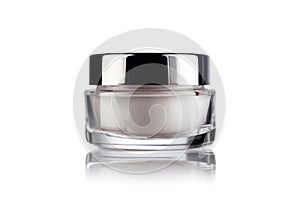 a Cosmetic cream jar on white background with reflection and shadow