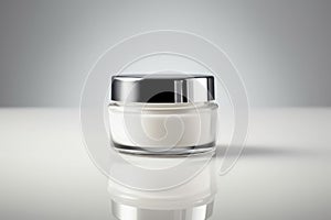 a Cosmetic cream jar on white background with reflection and shadow