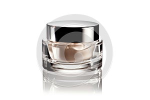 a Cosmetic cream jar on white background with reflection and shadow