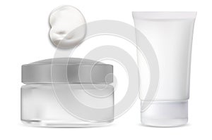 Cosmetic cream product container. Glass jar, tube, Glass jar with plastic lid