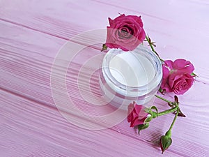 Cosmetic cream handmadeorganic, roses, petal pink wooden table