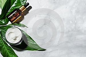 Cosmetic cream, serum and green leaves