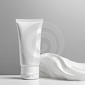 Cosmetic cream tube with white cloth on grey background. 3d rendering