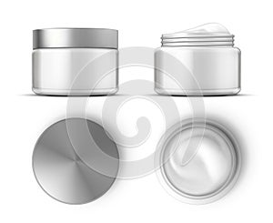 Cosmetic cream in white jar top and front views mockup. Realistic skin care product package. Round open container with cream gel