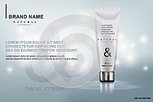 Cosmetic design template for realistic vector packaging of glossy silver cosmetics on blue background, moisturizing hand