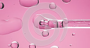 Cosmetic dropper with serum, beauty cosmetics dripping, on pink background. Macro shot