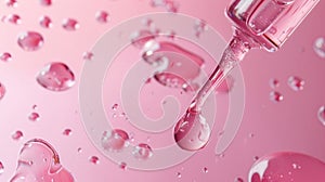 Cosmetic dropper with serum in closeup on a pink background with droplets photo
