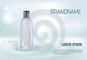 Cosmetic empty tube packaging in water splash on transparent blue background. Vector package for cream, gel, lotion, oil.