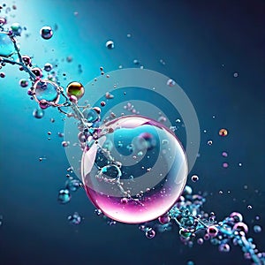 Cosmetic essence, liquid water molecules, molecules inside liquid against DNA water splash background, 3d rendering