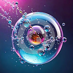 Cosmetic essence, liquid water molecules, molecules inside liquid against DNA water splash background, 3d rendering