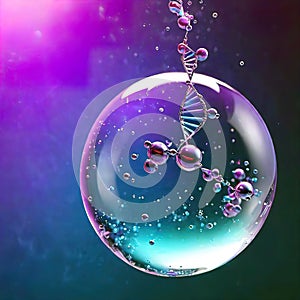 Cosmetic essence, liquid water molecules, molecules inside liquid against DNA water splash background, 3d rendering