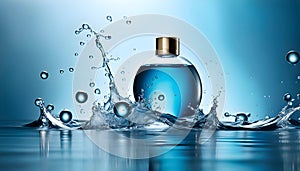 Cosmetic essence, liquid water molecules, molecules inside liquid against DNA water splash background, 3d rendering