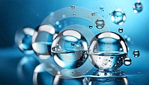 Cosmetic essence, liquid water molecules, molecules inside liquid against DNA water splash background, 3d rendering