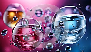 Cosmetic essence, liquid water molecules, molecules inside liquid against DNA water splash background, 3d rendering