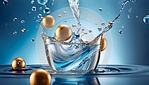 Cosmetic essence, liquid water molecules, molecules inside liquid against DNA water splash background, 3d rendering