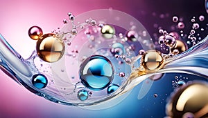 Cosmetic essence, liquid water molecules, molecules inside liquid against DNA water splash background, 3d rendering