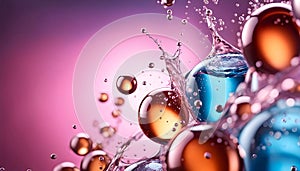 Cosmetic essence, liquid water molecules, molecules inside liquid against DNA water splash background, 3d rendering