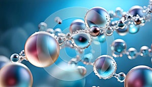 Cosmetic essence, liquid water molecules, molecules inside liquid against DNA water splash background, 3d rendering