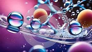 Cosmetic essence, liquid water molecules, molecules inside liquid against DNA water splash background, 3d rendering