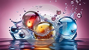 Cosmetic essence, liquid water molecules, molecules inside liquid against DNA water splash background, 3d rendering