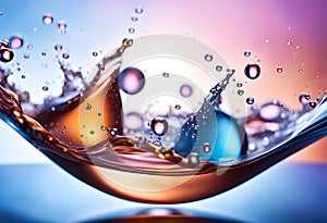 Cosmetic essence, liquid water molecules, molecules inside liquid against DNA water splash background, 3d rendering