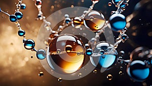 Cosmetic essence, liquid water molecules, molecules inside liquid against DNA water splash background, 3d rendering