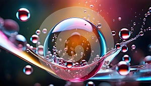 Cosmetic essence, liquid water molecules, molecules inside liquid against DNA water splash background, 3d rendering