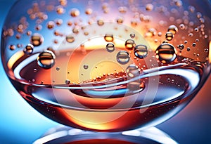 Cosmetic essence, liquid water molecules, molecules inside liquid against DNA water splash background, 3d rendering