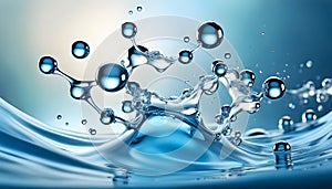 Cosmetic essence, liquid water molecules, molecules inside liquid against DNA water splash background, 3d rendering