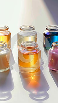 Cosmetic glass jars with colorful liquids, perfect for product promotion