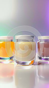 Cosmetic glass jars with colorful liquids, perfect for product promotion