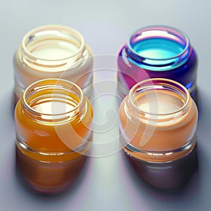 Cosmetic glass jars with colorful liquids, perfect for product promotion