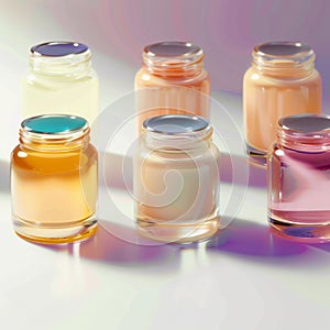 Cosmetic glass jars with colorful liquids, perfect for product promotion