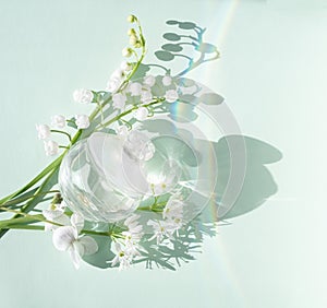 Cosmetic glass transparent bottle perfume and spring flowers lilies of the valley and rainbow glare. top view