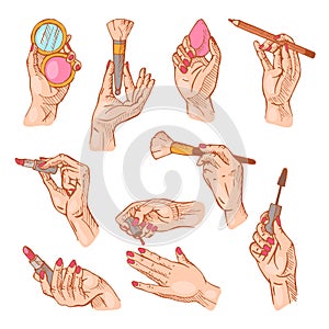 Cosmetic in hand vector beauty make up cosmetology for beautiful woman and manicured hands with manicuring fingernails photo