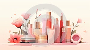Cosmetic illustration showcasing variety of products